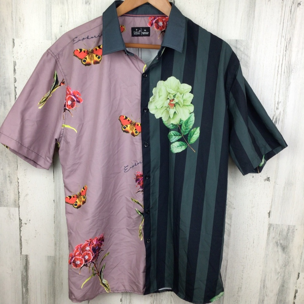 Public Record Shirt Butterfly Floral Hawaiian Aloha Color Block Button Up XL